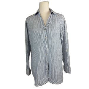 Calypso St. Barth 100% Linen Button Up Stripe Shirt Womens Size M Coastal Vaca